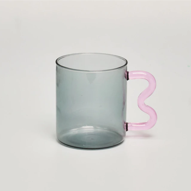 Colorful Ear Glass Mug: Amber with Pink Handle