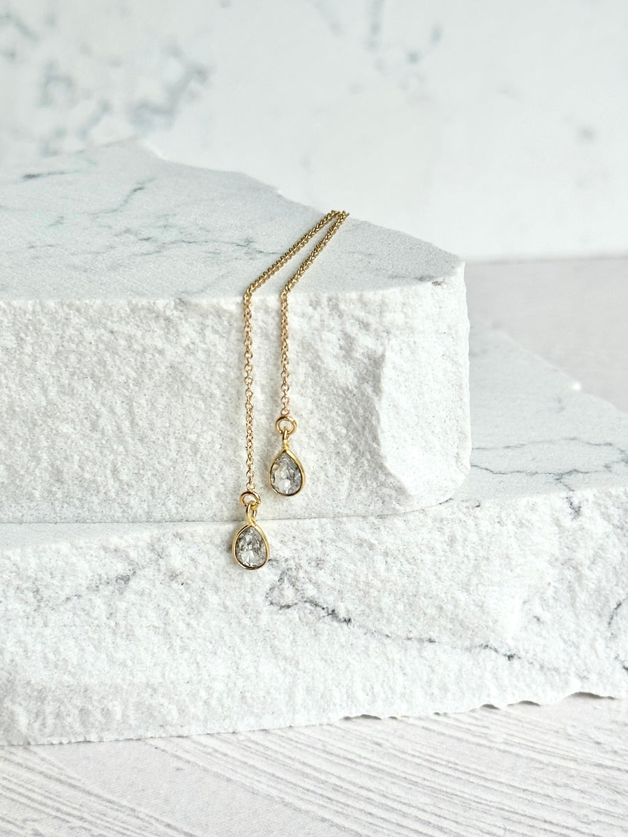 Petite White Topaz Teardrop Threader Earrings