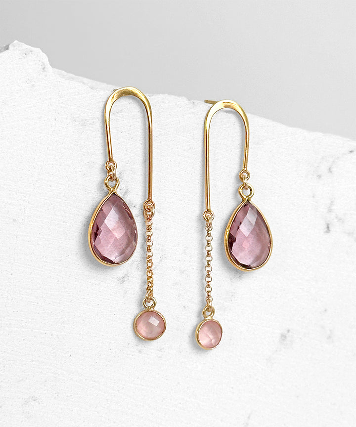 Morganite and Rose Quartz Gemstone Arch Earrings