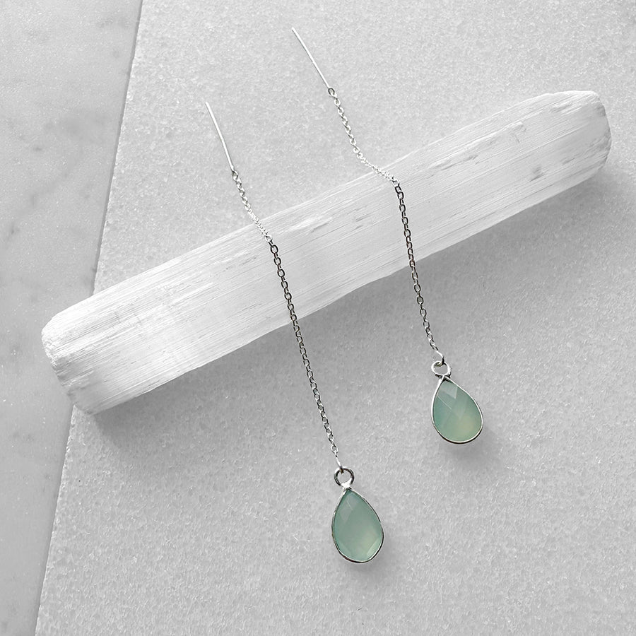 Seafoam Chalcedony Teardrop Threader Earrings