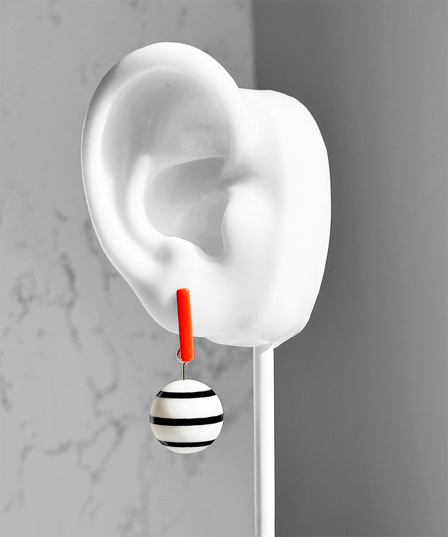 Aarnio Earrings Petite--Neon Coral and Black and White Stripes