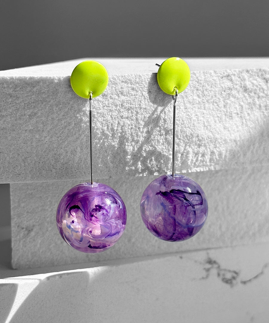 Polka Dot Earrings--Neon Yellow and Purple Swirl