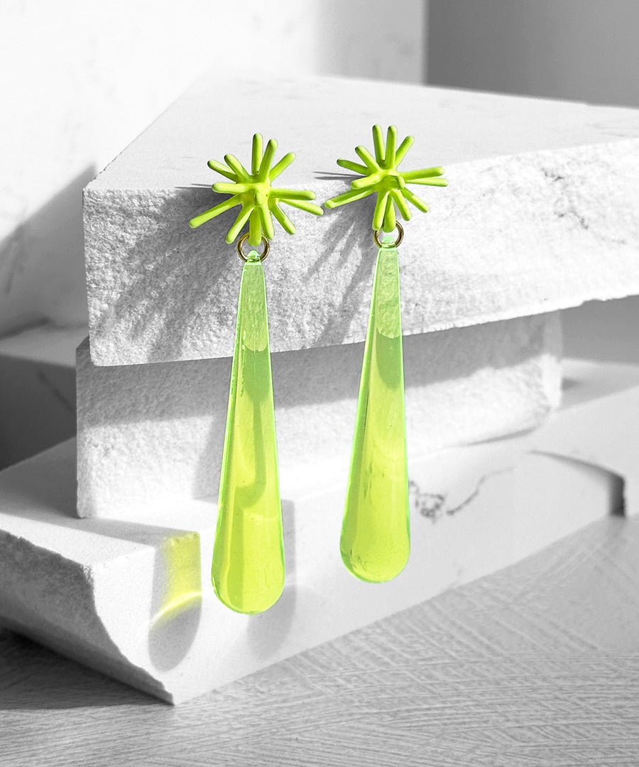 Sputnik Extra Long Drop Earrings--Neon Yellow