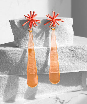 Sputnik Extra Long Drop Earrings--Neon Coral