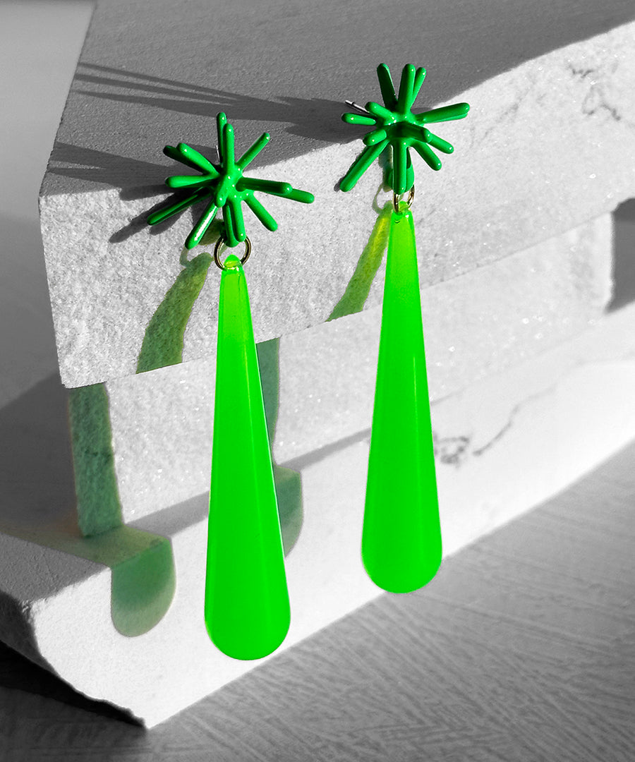 Sputnik Extra Long Drop Earrings--Neon Green