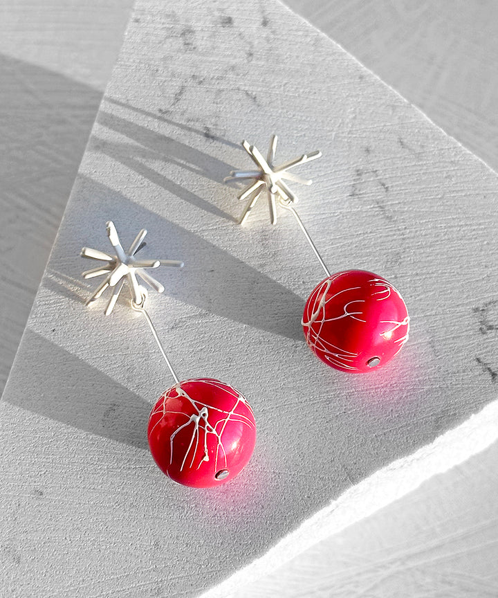 Sputnik Round Drop Earrings--White and Magenta