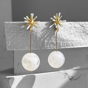 Sputnik Round Drop Earrings--White Swirl and Gold