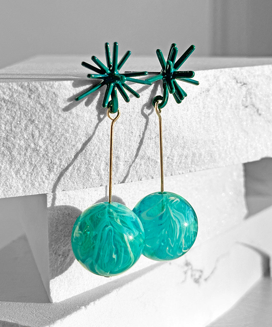 Sputnik Round Drop Earrings--Teal Swirl