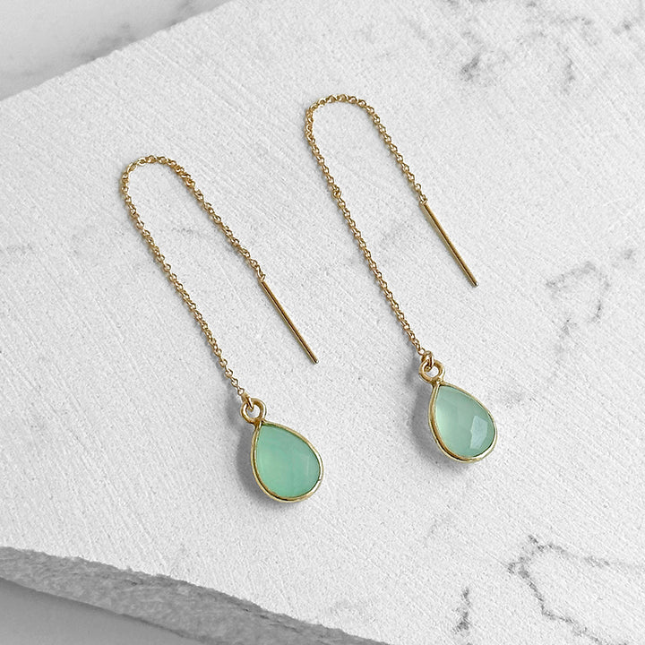 Seafoam Chalcedony Teardrop Threader Earrings