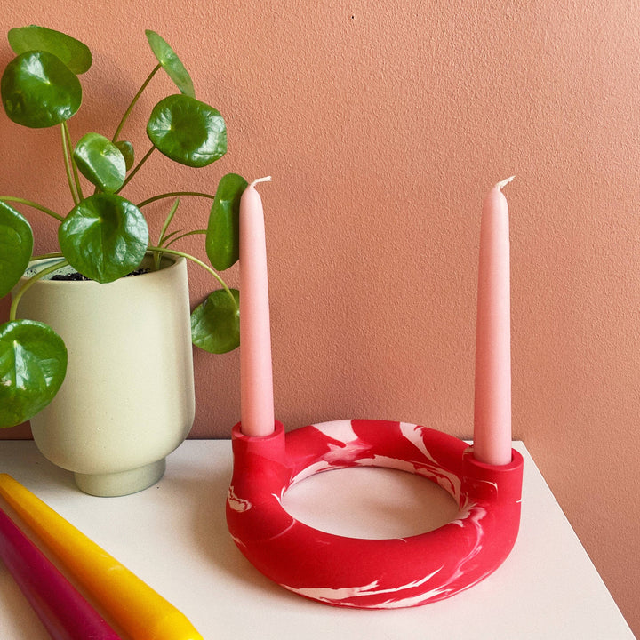 Two Circle Marble Candle Holder Red and Pink