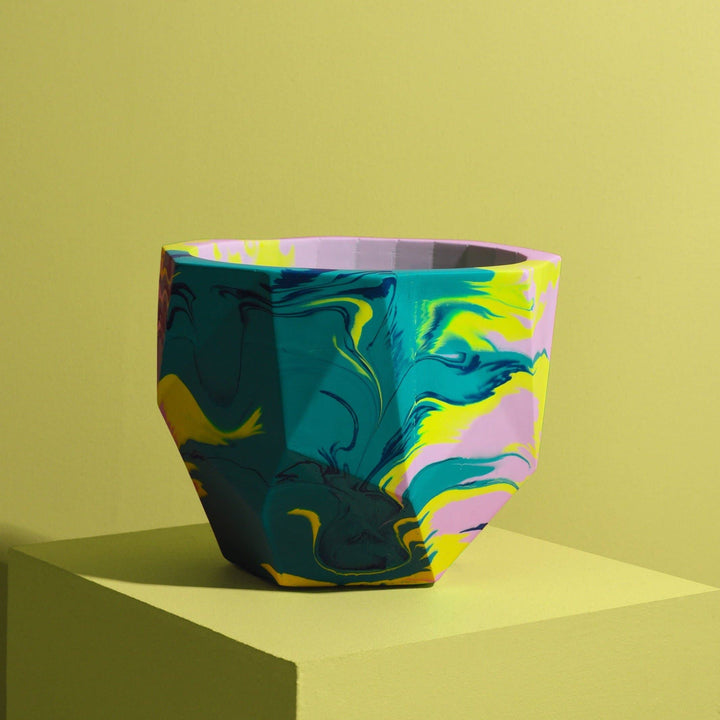 Large Geometric Plant Pot in Emerald Green & Yellow