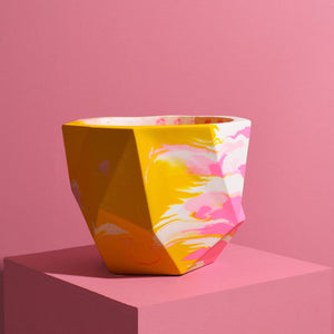 Large Geometric Plant Pot in Mustard & Pink