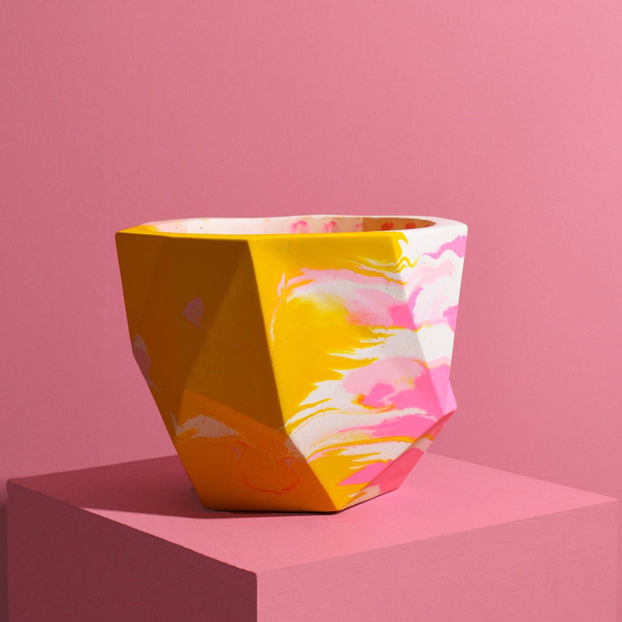 Large Geometric Plant Pot in Mustard & Pink
