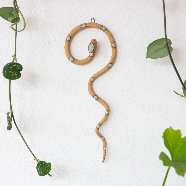 Ceramic Wall Snake, Medium, Selma (Tan/Mint)